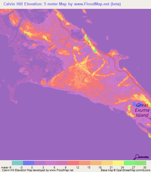 Calvin Hill,Bahamas Elevation Map