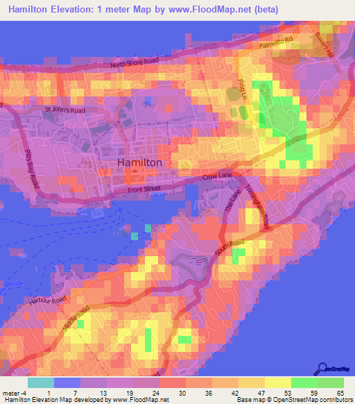 Hamilton,Bermuda Elevation Map