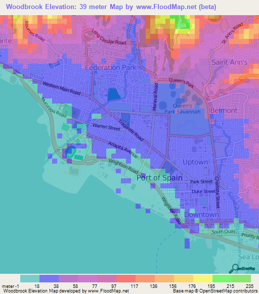Woodbrook,Trinidad and Tobago Elevation Map