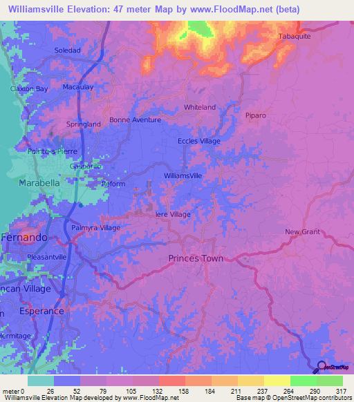 Williamsville,Trinidad and Tobago Elevation Map