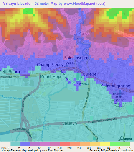 Valsayn,Trinidad and Tobago Elevation Map