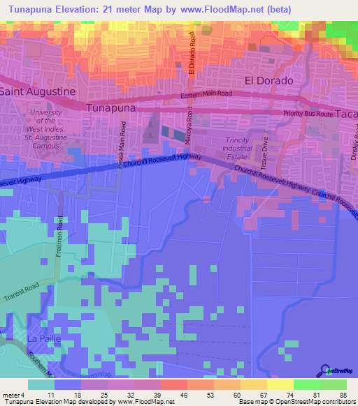 Tunapuna,Trinidad and Tobago Elevation Map