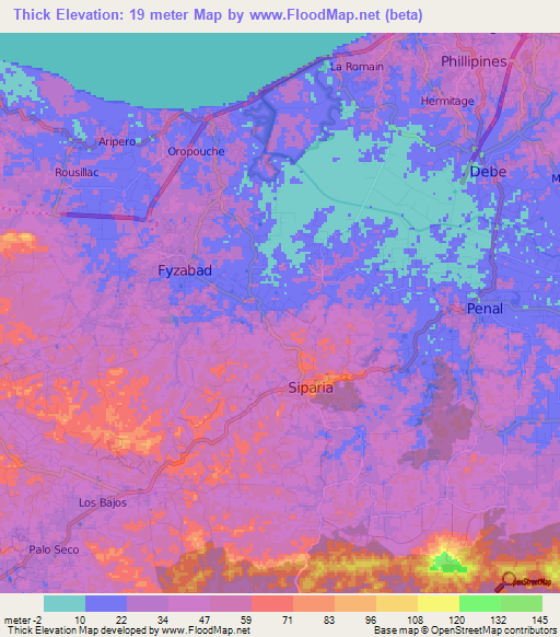 Thick,Trinidad and Tobago Elevation Map
