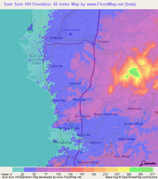 Sum Sum Hill,Trinidad and Tobago Elevation Map