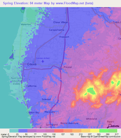 Spring,Trinidad and Tobago Elevation Map
