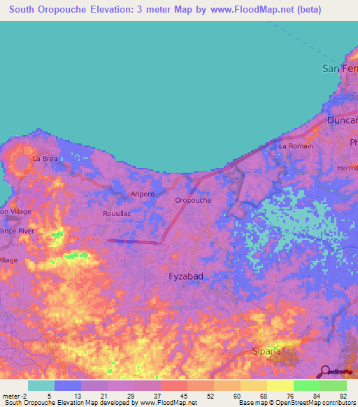 South Oropouche,Trinidad and Tobago Elevation Map
