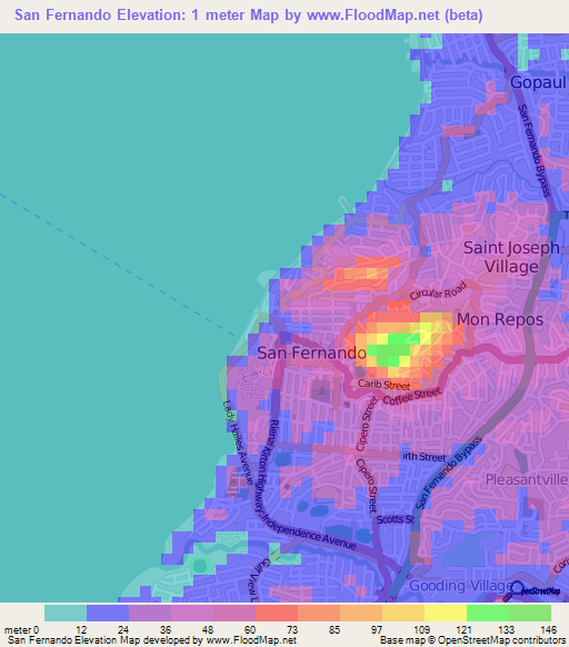 San Fernando,Trinidad and Tobago Elevation Map