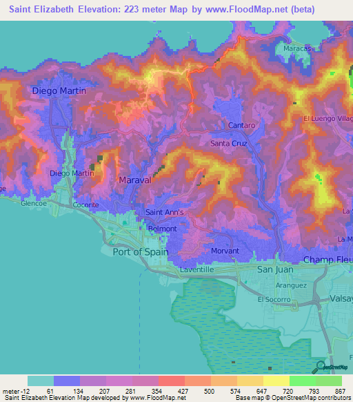 Saint Elizabeth,Trinidad and Tobago Elevation Map