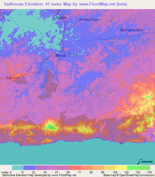 Sadhoowa,Trinidad and Tobago Elevation Map
