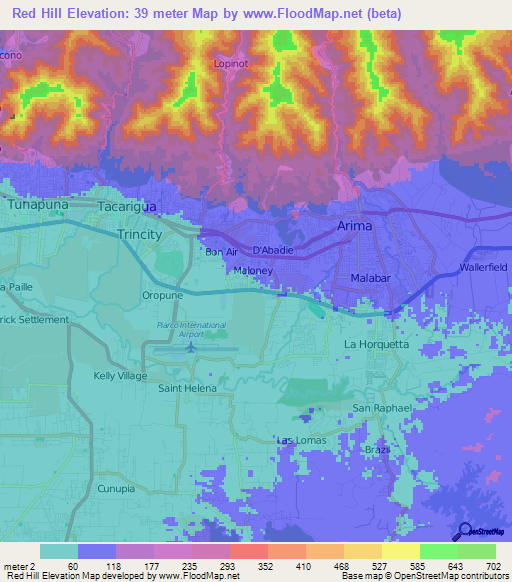 Red Hill,Trinidad and Tobago Elevation Map