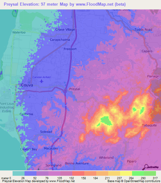 Preysal,Trinidad and Tobago Elevation Map