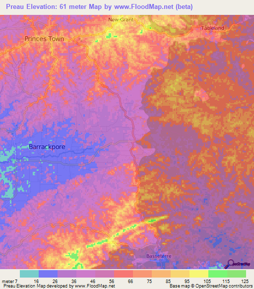 Preau,Trinidad and Tobago Elevation Map