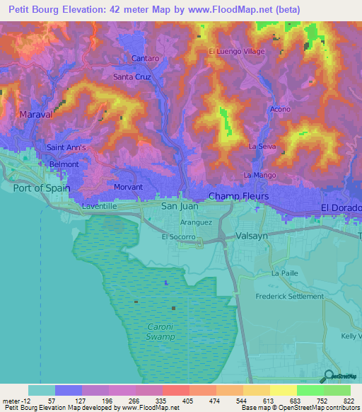 Petit Bourg,Trinidad and Tobago Elevation Map