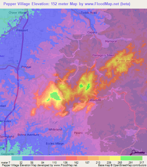 Pepper Village,Trinidad and Tobago Elevation Map