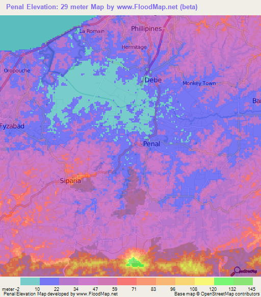 Penal,Trinidad and Tobago Elevation Map