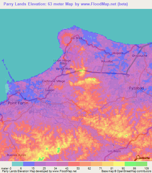 Parry Lands,Trinidad and Tobago Elevation Map