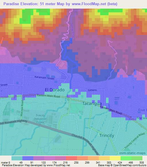 Paradise,Trinidad and Tobago Elevation Map
