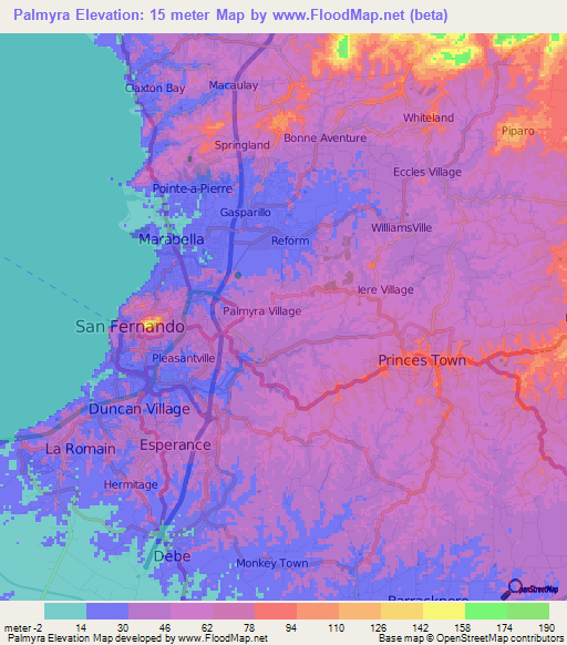 Palmyra,Trinidad and Tobago Elevation Map