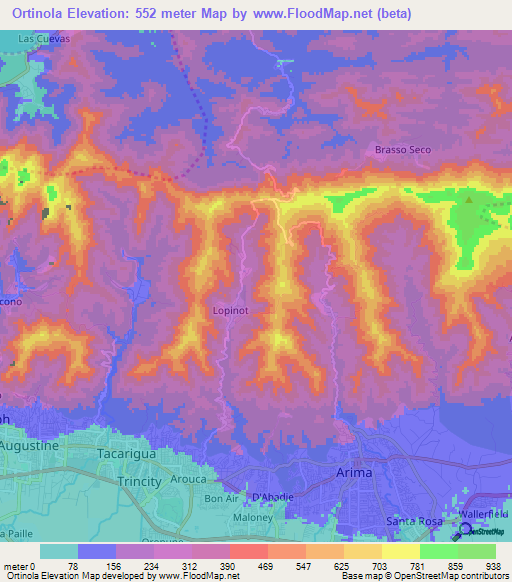 Ortinola,Trinidad and Tobago Elevation Map