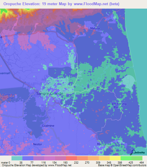 Oropuche,Trinidad and Tobago Elevation Map