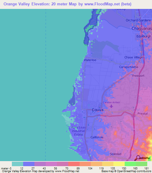 Orange Valley,Trinidad and Tobago Elevation Map