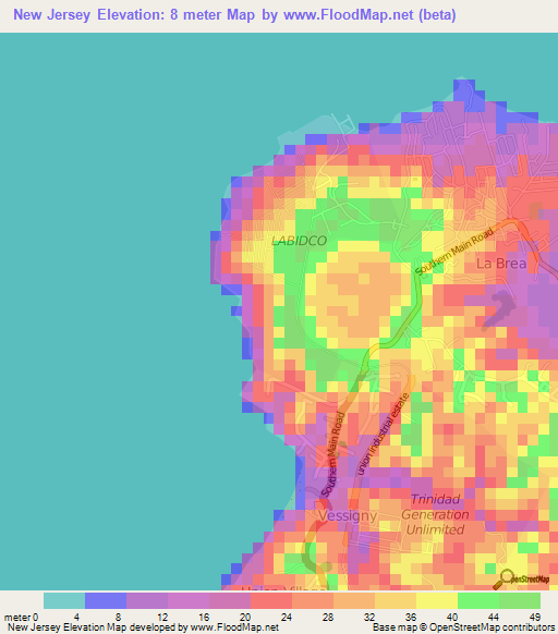 New Jersey,Trinidad and Tobago Elevation Map