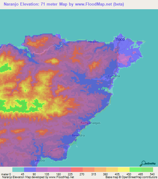 Naranjo,Trinidad and Tobago Elevation Map