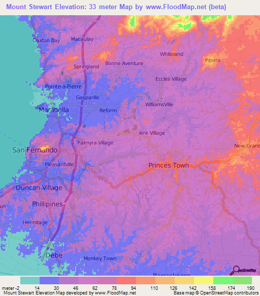 Mount Stewart,Trinidad and Tobago Elevation Map