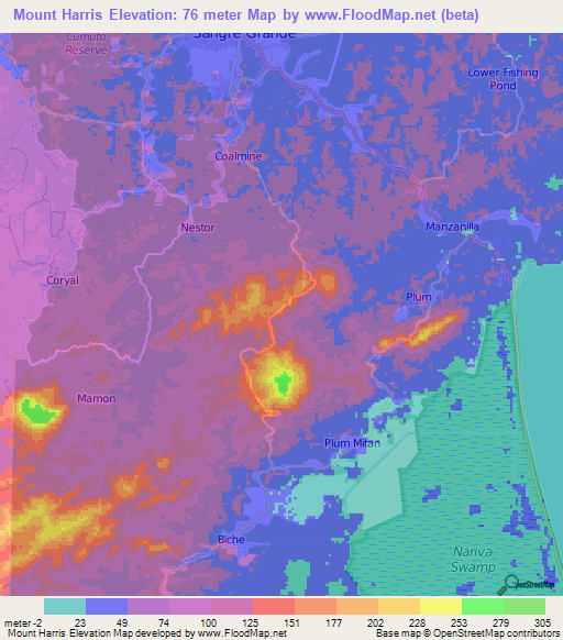 Mount Harris,Trinidad and Tobago Elevation Map