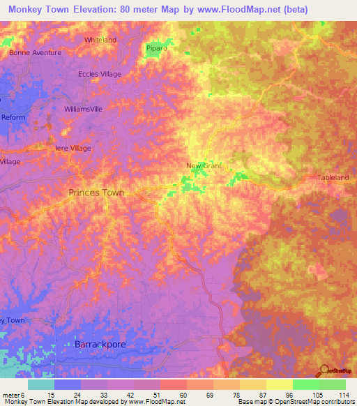 Monkey Town,Trinidad and Tobago Elevation Map