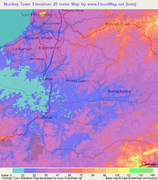 Monkey Town,Trinidad and Tobago Elevation Map