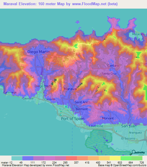 Maraval,Trinidad and Tobago Elevation Map