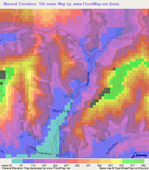 Maraval,Trinidad and Tobago Elevation Map