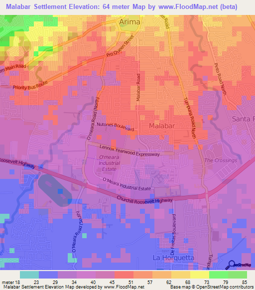 Malabar Settlement,Trinidad and Tobago Elevation Map