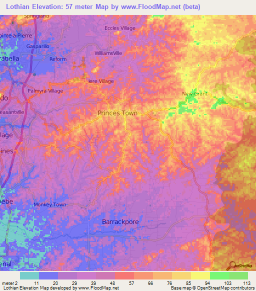 Lothian,Trinidad and Tobago Elevation Map