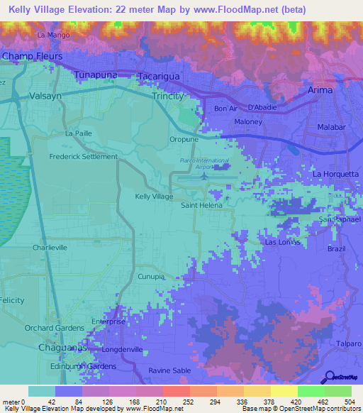 Kelly Village,Trinidad and Tobago Elevation Map
