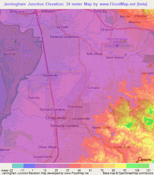 Jerningham Junction,Trinidad and Tobago Elevation Map