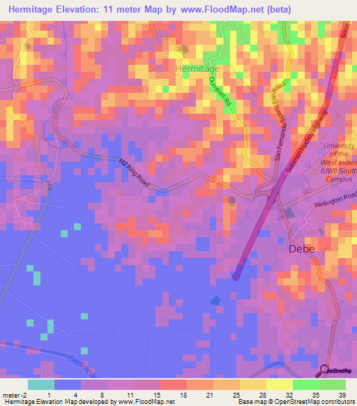 Hermitage,Trinidad and Tobago Elevation Map