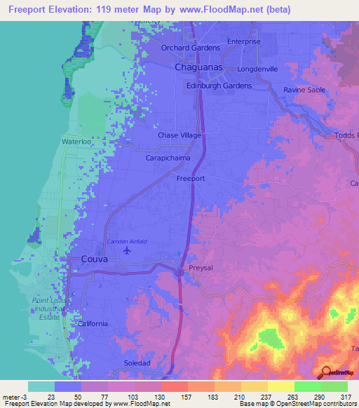 Freeport,Trinidad and Tobago Elevation Map