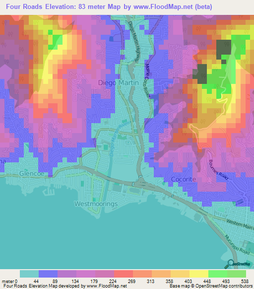 Four Roads,Trinidad and Tobago Elevation Map