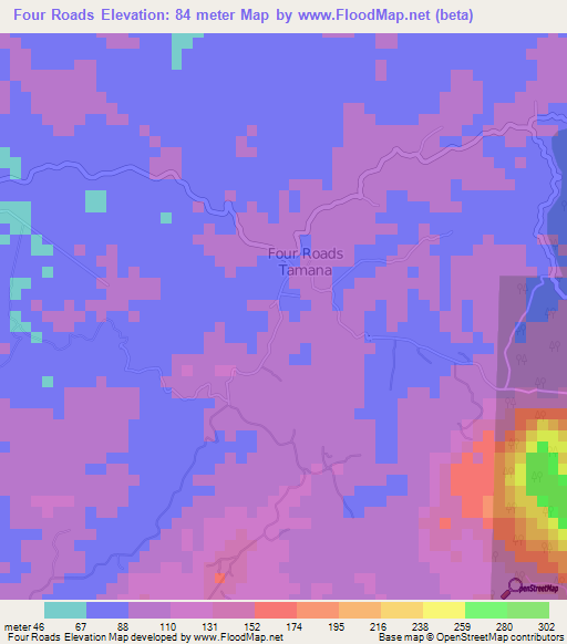 Four Roads,Trinidad and Tobago Elevation Map