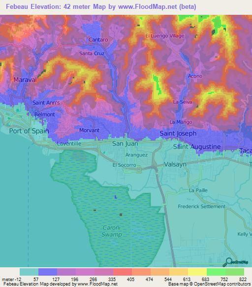 Febeau,Trinidad and Tobago Elevation Map