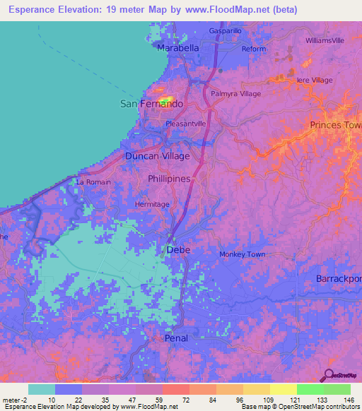 Esperance,Trinidad and Tobago Elevation Map
