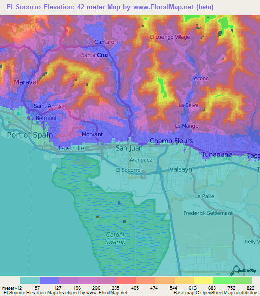 El Socorro,Trinidad and Tobago Elevation Map