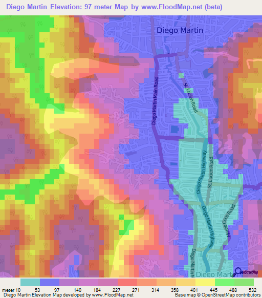 Diego Martin,Trinidad and Tobago Elevation Map