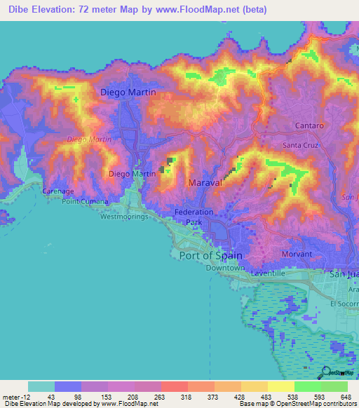 Dibe,Trinidad and Tobago Elevation Map