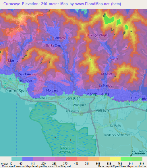 Curucaye,Trinidad and Tobago Elevation Map