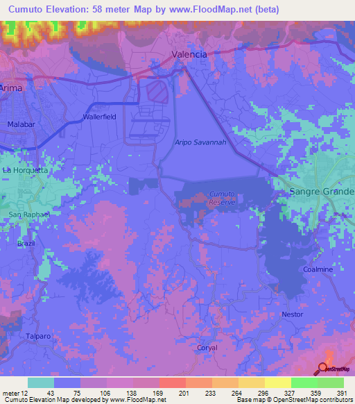 Cumuto,Trinidad and Tobago Elevation Map