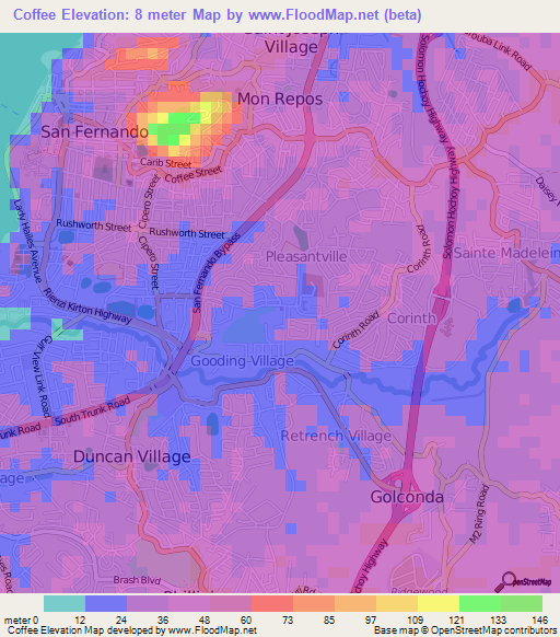 Coffee,Trinidad and Tobago Elevation Map