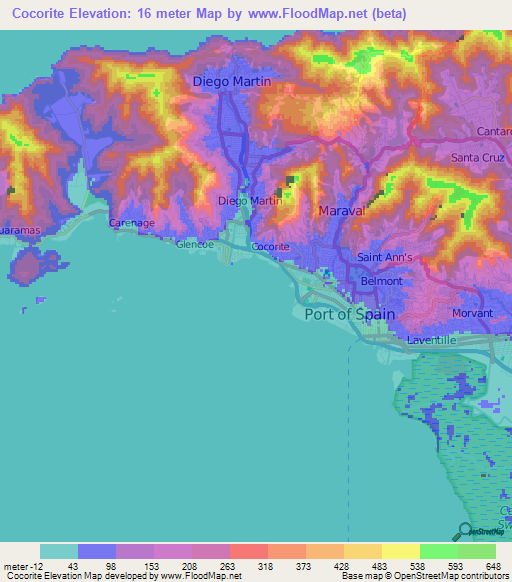Cocorite,Trinidad and Tobago Elevation Map